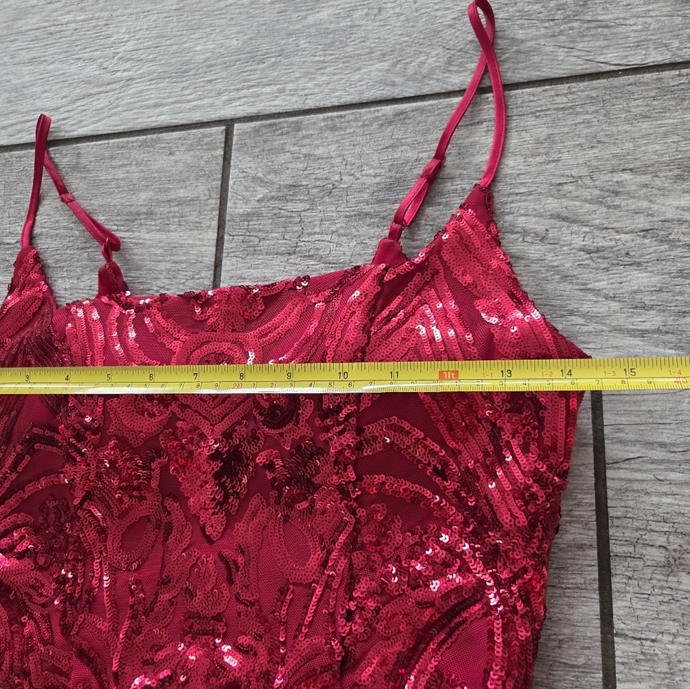 B.Darlin Spaghetti Strap Square Neck Short Fitted Dress Small Red Sequin Bodycon - Picture 8 of 9